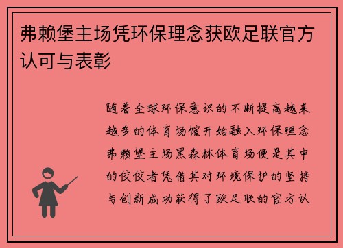 弗赖堡主场凭环保理念获欧足联官方认可与表彰 弗赖堡主场凭环保理念获欧足联官方认可与表彰